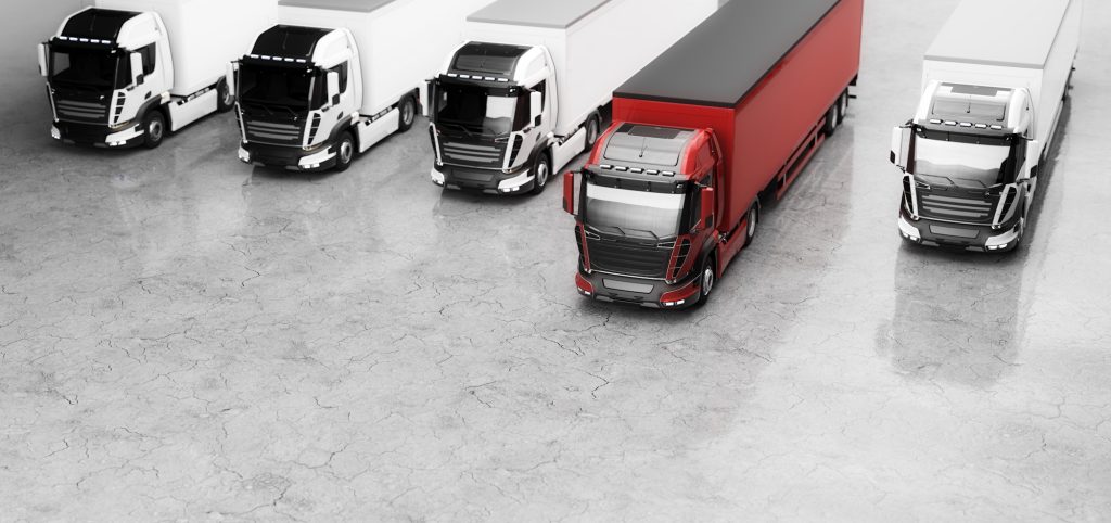 Fleet of trucks with cargo trailers. Transport, shipping industry.